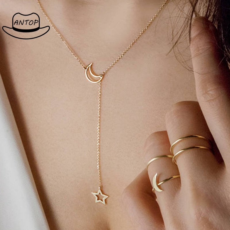 Antop！Kalung Rantai Liontin Bulan Sabit Simple Elegan Adjustable Untuk Wanita