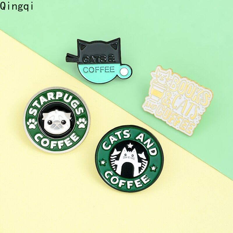 Bros Pin Enamel Bentuk Kucing / Anjing / Kopi Untuk Aksesoris Pakaian / Tas