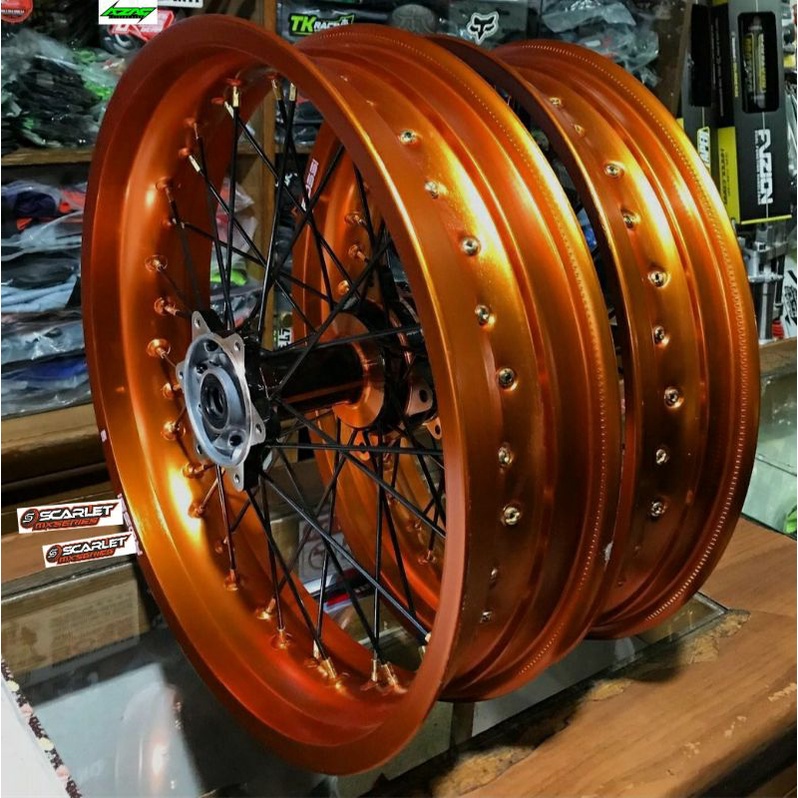 VELG SET KLX DTRACKER 150 SUPERMOTO VELG SCARLET ORANGE TROMOL ORANGE BLACK