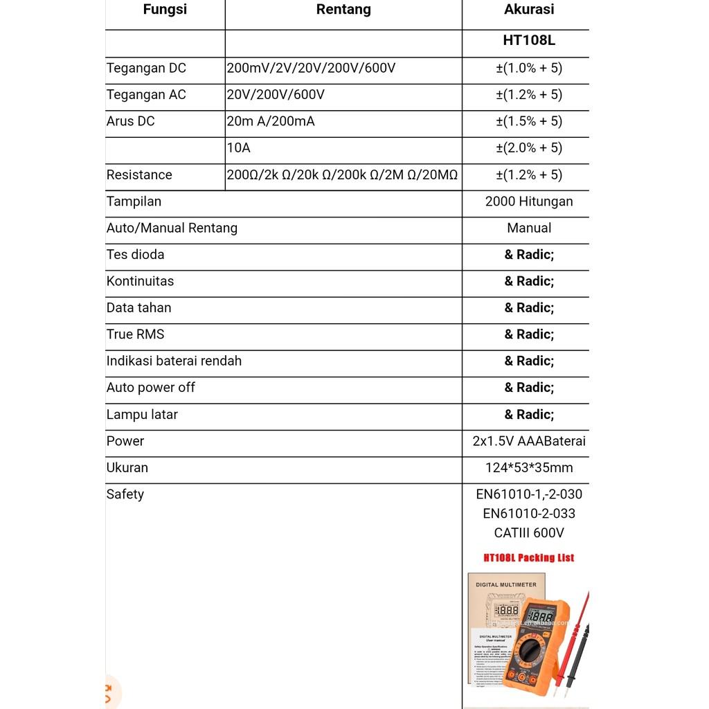 Multitester Multimeter Avometer Digital Habotest HT108L Voltase Meter Ohm AC DC 600V Amper Resistans