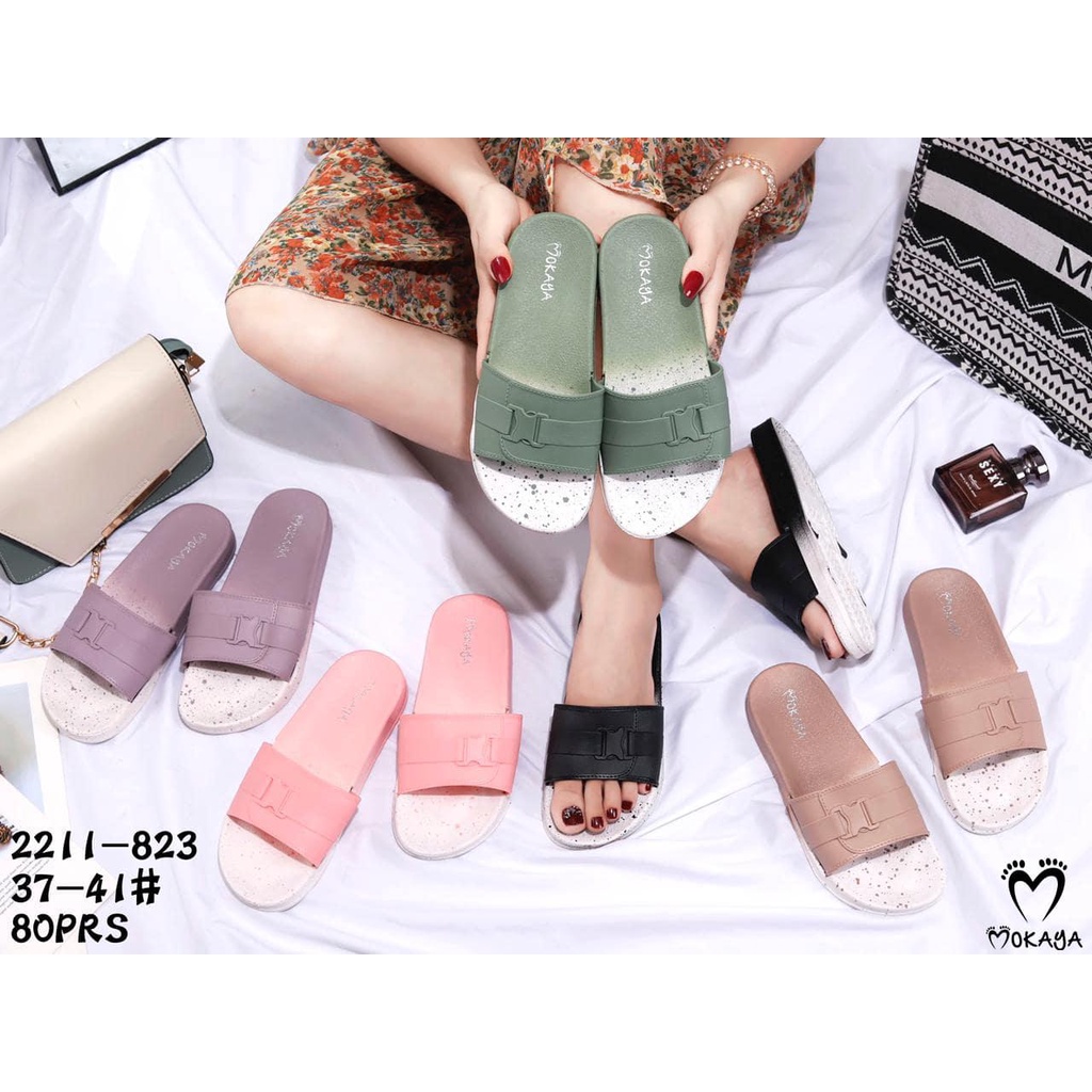 Sandal slop wanita ban garis gesper sol warna sembur cantik Import Mokaya / Size 37-41 (2211-823)