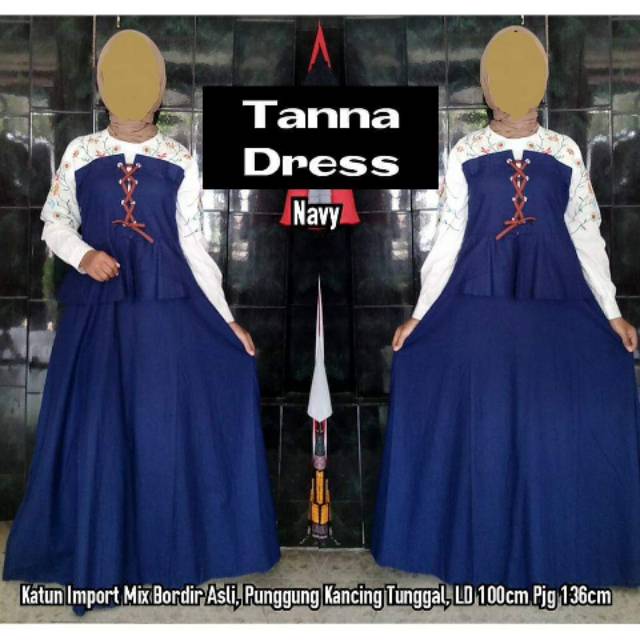 Gamis Pesta Kondangan Bordir Mewah Terbaru Bahan Katun Warna Navy Size L, Gamis Cantik Kekinian