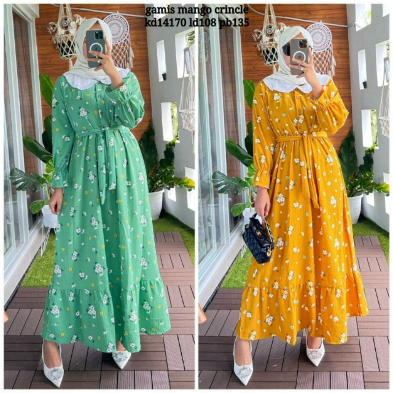 Floral Maxy, GAMIS CRINCLE CANTIK FIT XL LD 108 BAHAN MANGO CRINCLE IMPORT TERMURAH OOTD KEKINIAN