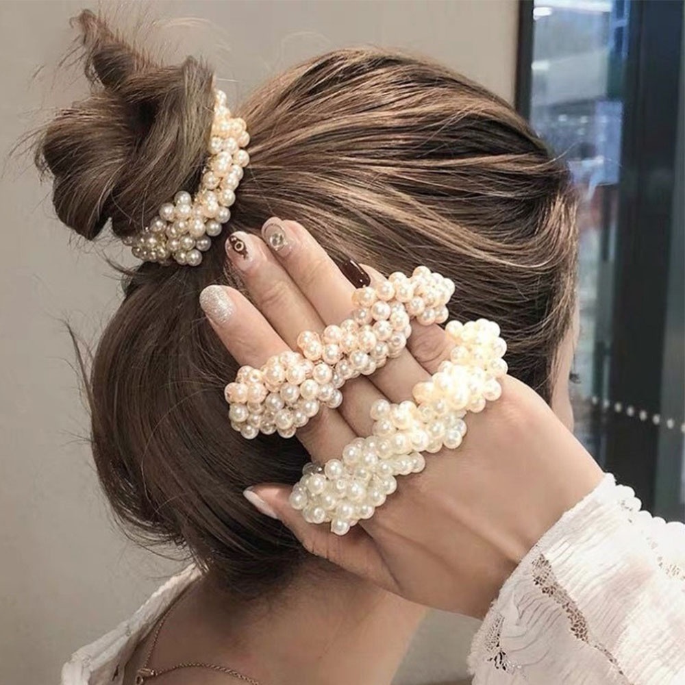 aaoottuuoo5.id Cod   5 Colors Elastic Hand Beaded Pearl Headstring Hair Scrunchie Ties Korean Daily Hair Accessories