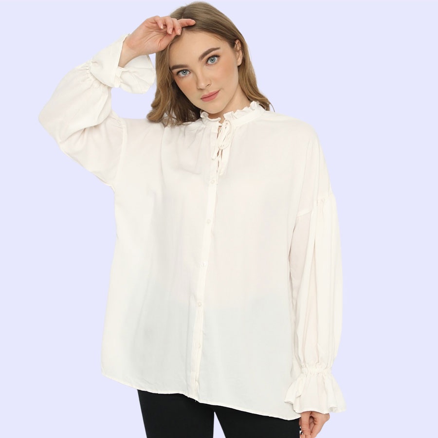 BLOUSE WANITA UNIQLO GU TIENECK BLOUSE-WHITE