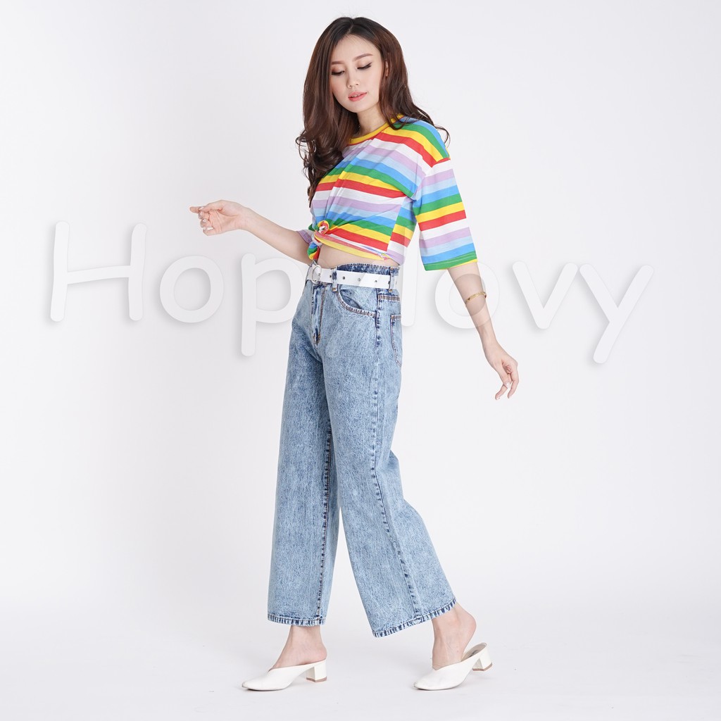 HOPYLOVY - Celana Jeans Boyfriend Wanita Model Kulot Snow Acid Asterada