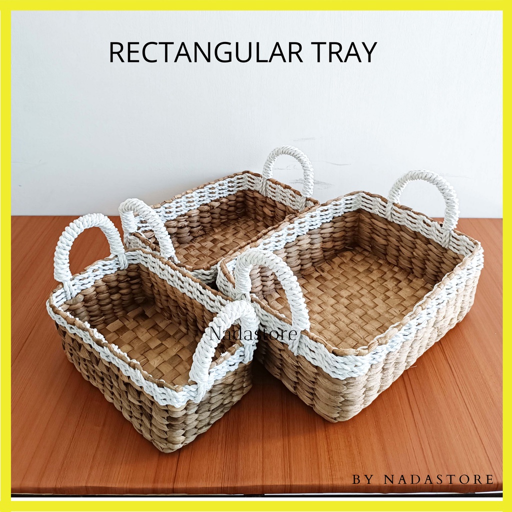 Tray Enceng gondok List putih polos / Nampan Anyaman / baki Aqua Gelas