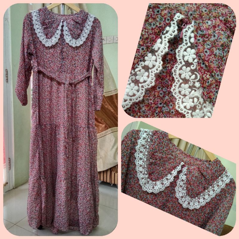 Gamis ceruty bunga kecil kerah renda