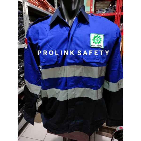 SERAGAM BAJU SAFETY BIRU KOMBINASI DONGKER KANCING BAHAN PREMIUM