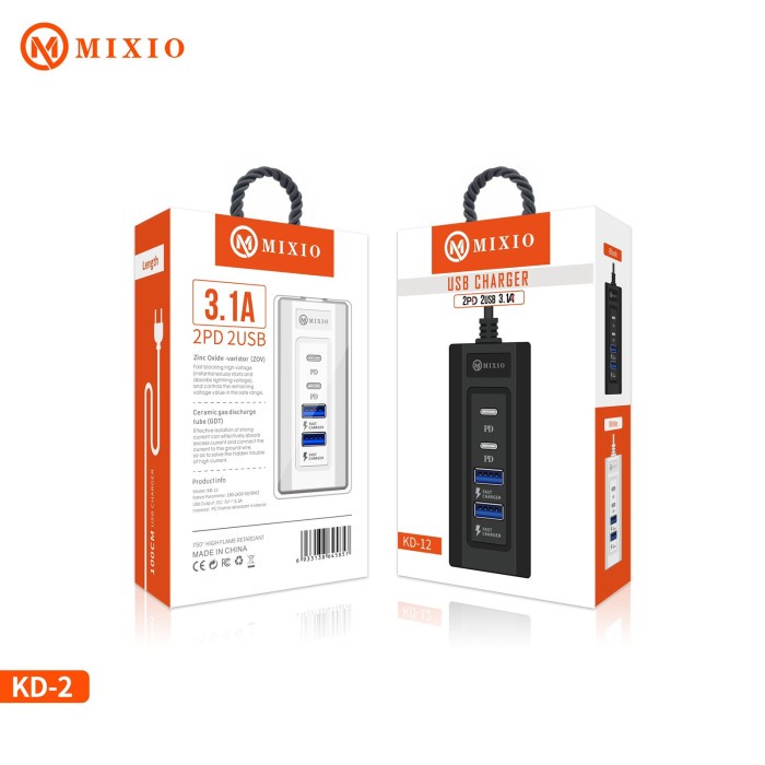 MIXIO KD-12 - Power Socket USB Charger 3.1A 2PD + 2USB / 100CM