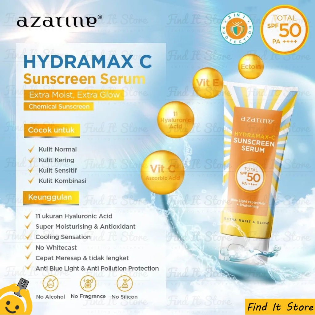 Azarine Sun Protection Series Sunscreen Gel SPF45++++ Sun Shield Serum Mist Tone Up Mineral Sunscreen Hydramax-C Serum SPF50 PA+++  BPOM