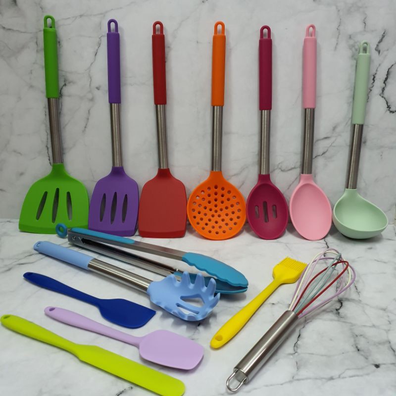 Colorfull silicone spatula cooking utensil set 15s with stainless handle /set alat masak silikon