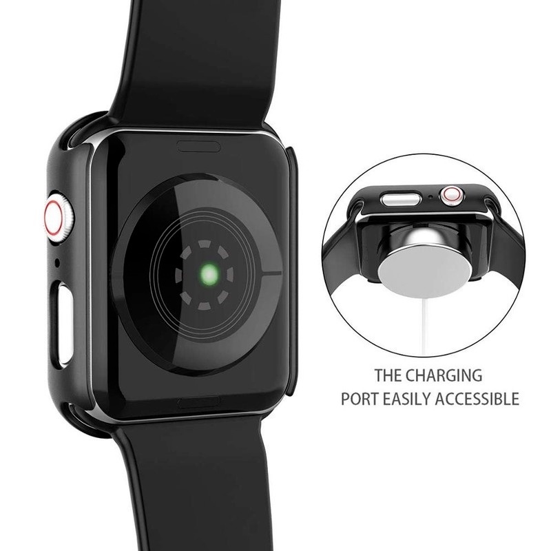 Kaca Pelindung Layar Anti Air+Bumper Frame hard Case Untuk Apple watch Series7 6 SE 5 4 3 2 1 cover Tempered glass film iwatch 45mm 41mm 44mm 40mm 42mm 38mm Case