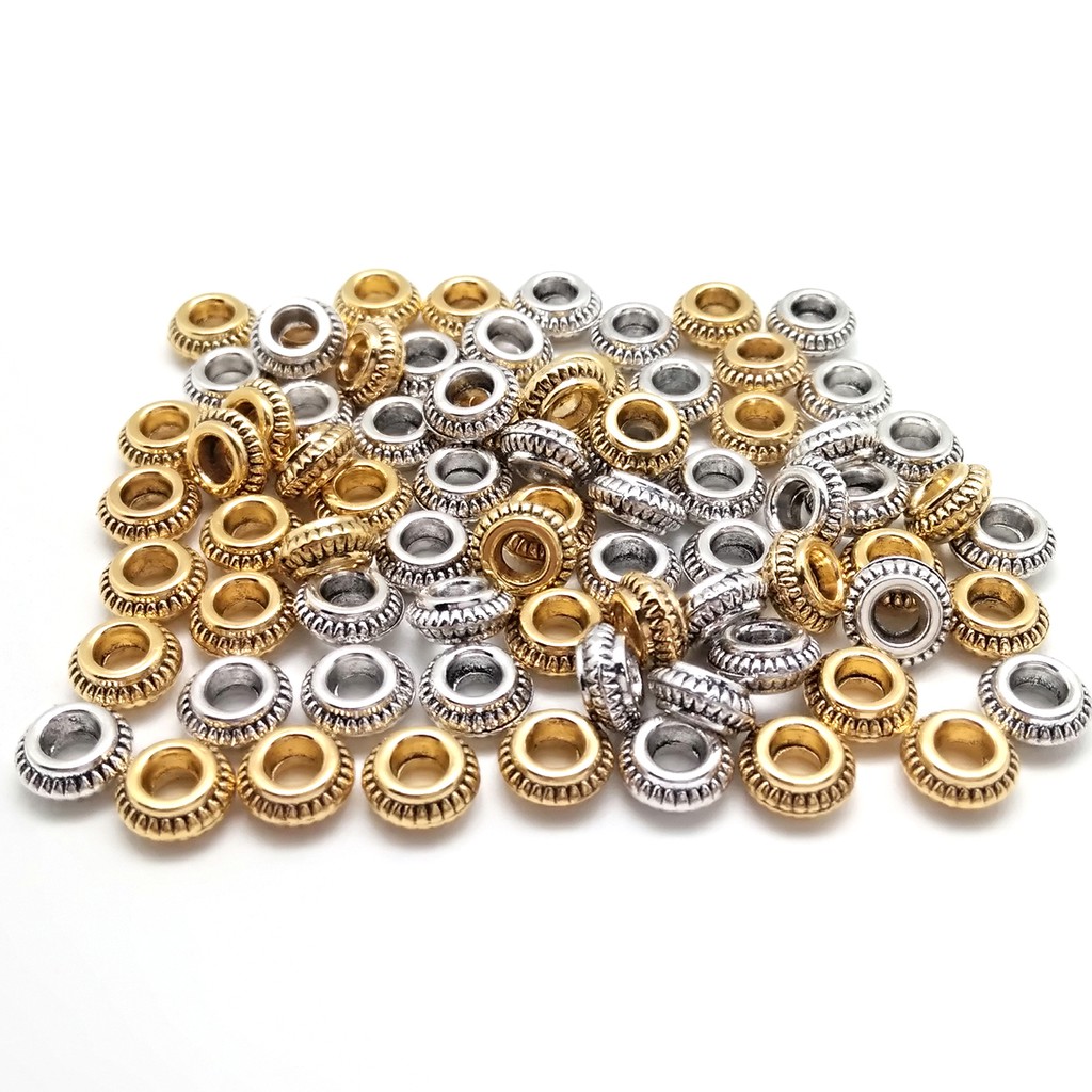 50 / 30pcs Manik-Manik Bulat Datar Bahan Zinc Alloy Logam Ukuran 7x3 / 8x6mm Untuk Membuat Perhiasan Gelang Kalung