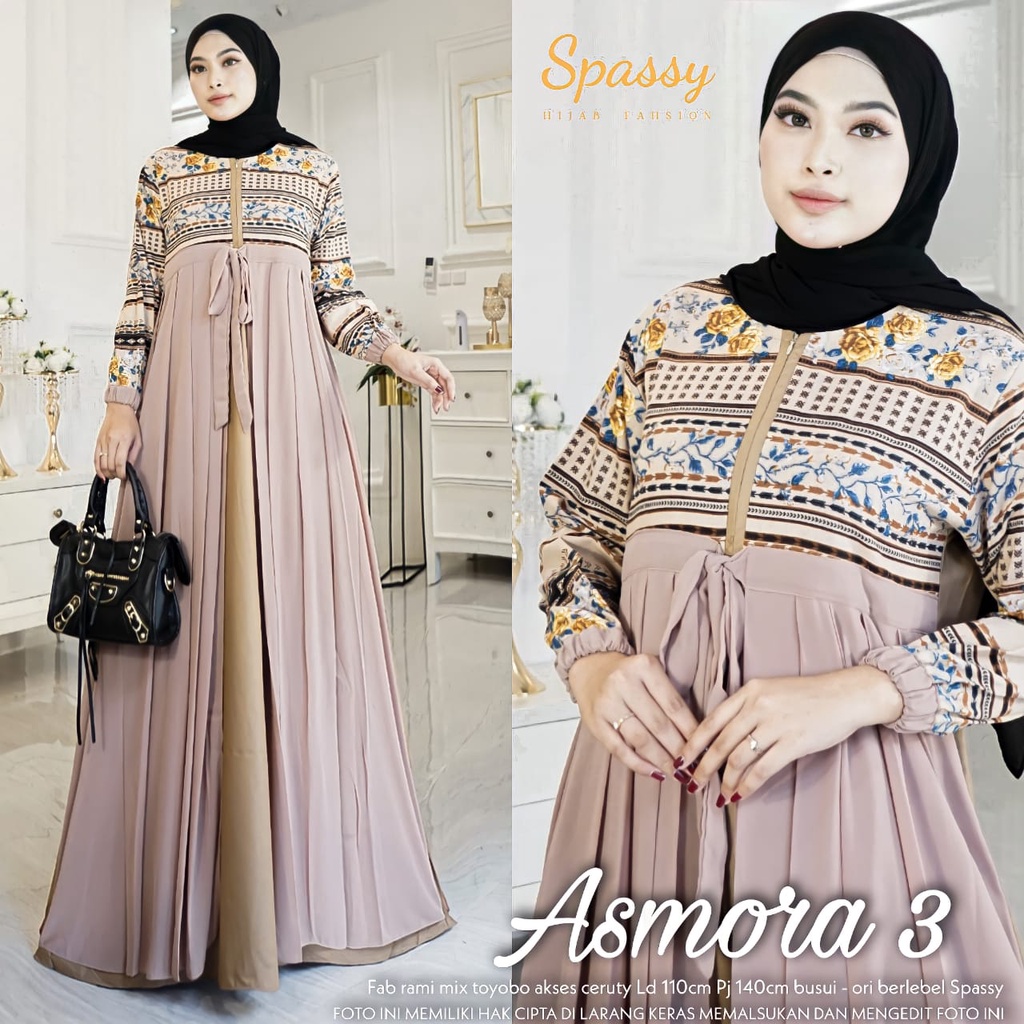 PAKAIAN HIJAB WANITA BY SPASSY DRESS ASMORA FAB RAMI MIX TOYOBO AKSES CERUTY WARNA NAVY,AVOCADO,DUST