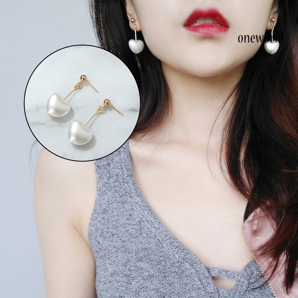 OW@ Elegant Love Heart Imitation Pearl Pendant Dangle Stud Earring Women Jewelry