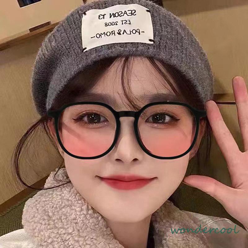 Gradien Pink Blush Glasses Perempuan Anti-biru Warna Cahaya Mengubah Kacamata Bingkai Besar-Won