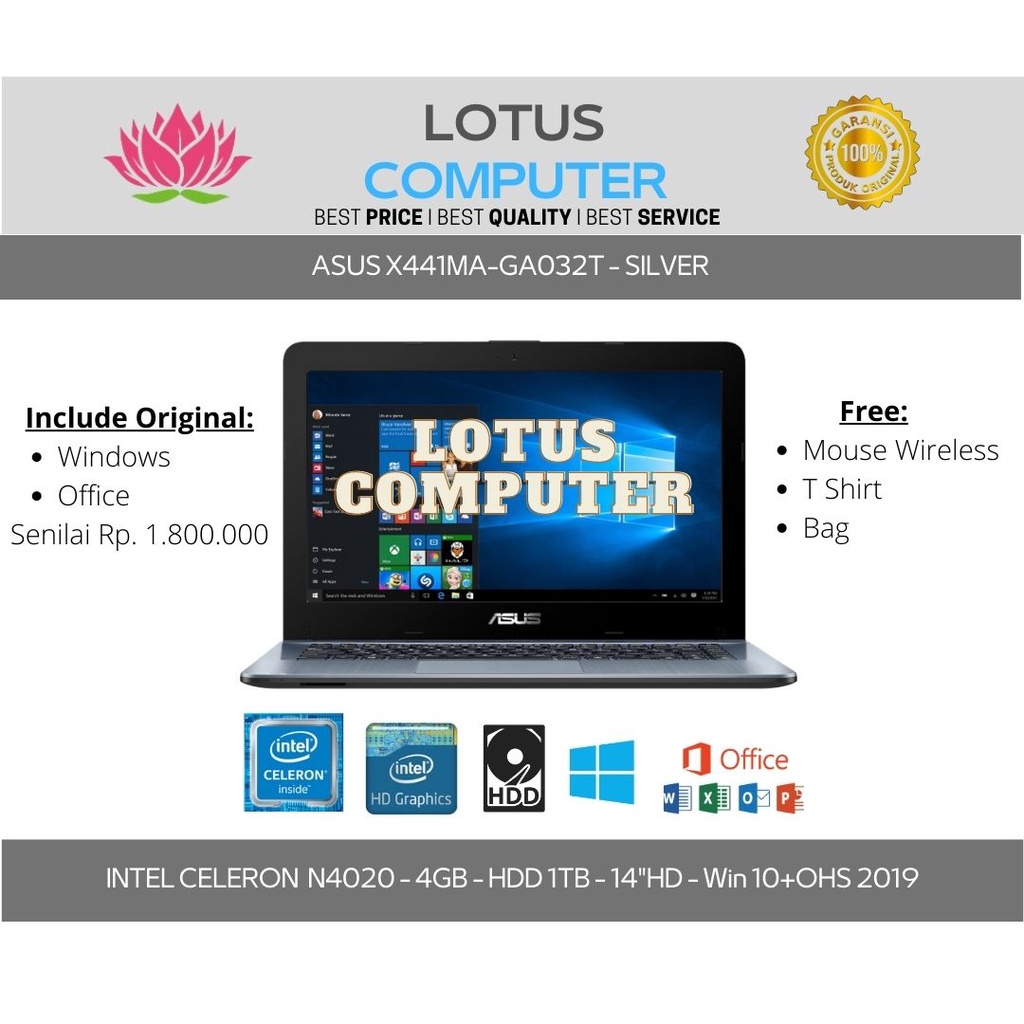 ASUS X441MA-GA032T/Celeron N4020/4GB/HDD 1TB/14"HD/Win 10/Silver