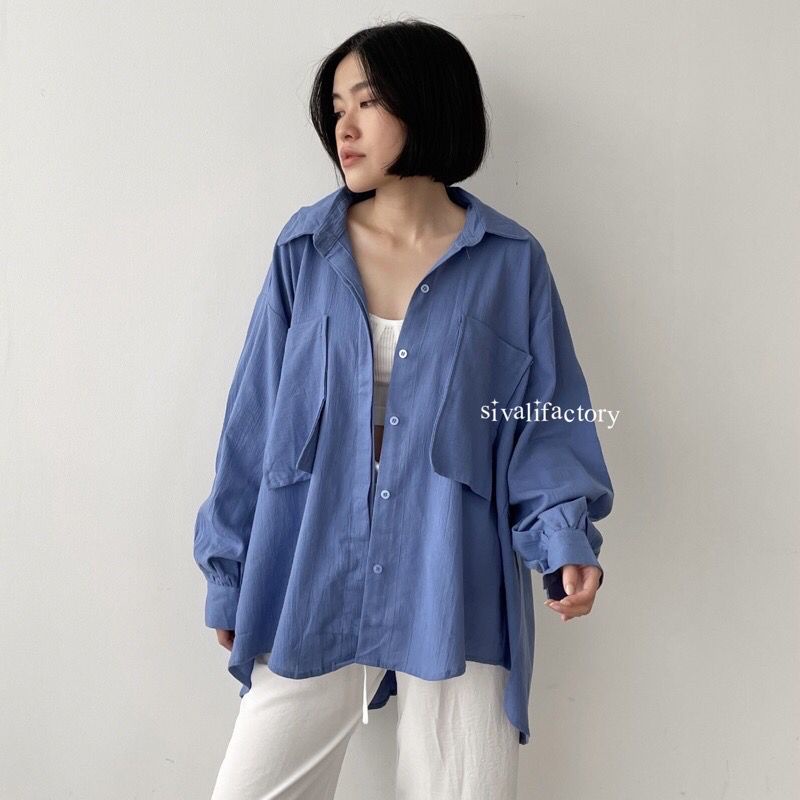 Ghea Shirt Baju Kemeja Oversize Linen Shirt Pocket Atasan Jumbo Wanita