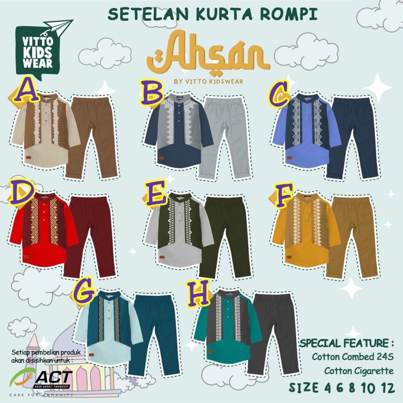 Setelan Koko Kurta Rompi Ahsan Vitto Kidswear 4-12 th kemko Set Baju Muslim Anak Laki-laki