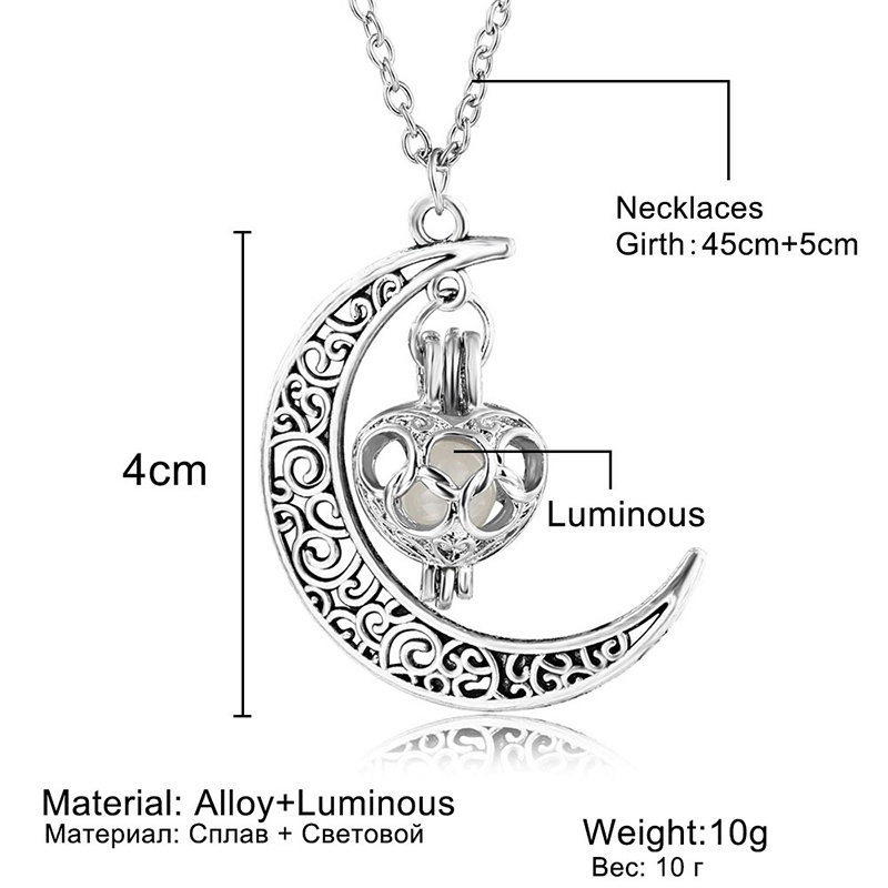 Kalung Rantai Dengan Liontin Bulan Sabit + Hati Luminous Gaya Jepang / Korea Untuk Wanita