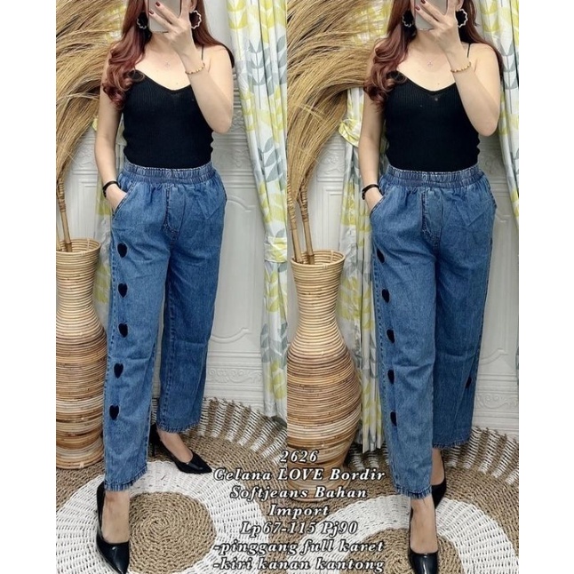 ☄️COD☄️ Celana Jeans Love Bordir Wanita Premium / Celana Jeans Korean Love / Korean Long Pants