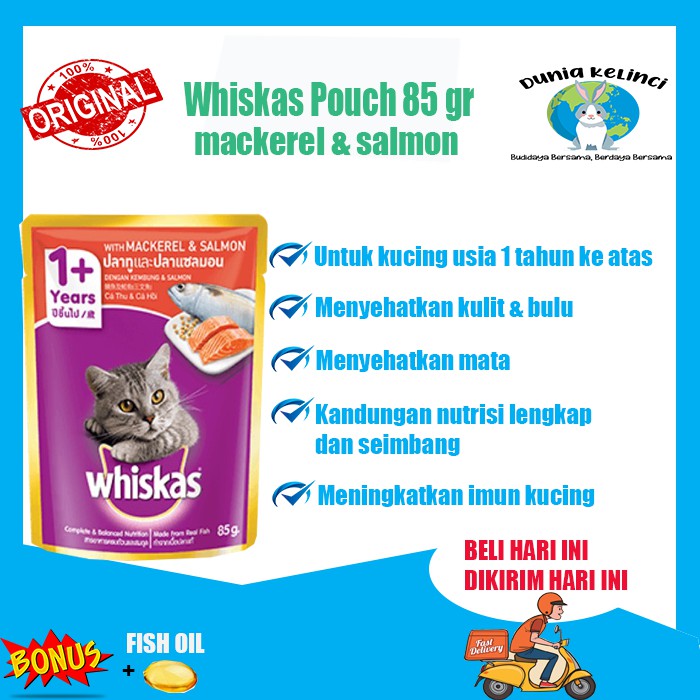 MAKANAN KUCING BASAH WHISKAS POUCH 85 GR MACKEREL &amp; SALMON SASET WET FOOD WISKAS