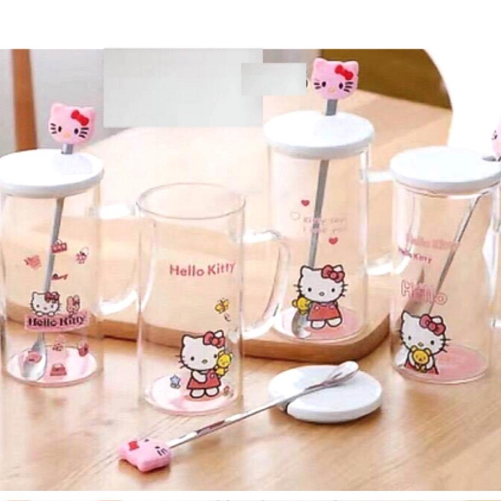 Gelas Bening Tutup Keramik plus Sendok Hello Kitty & Doraemon