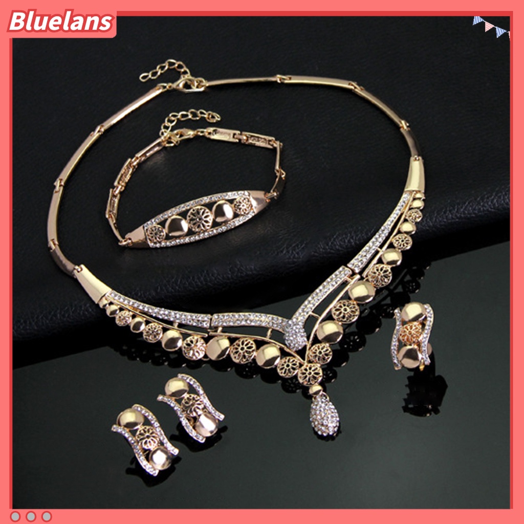 4pcs / Set Kalung Choker Anting Gelang Cincin Berlian Imitasi Bentuk Geometris Hollow Untuk Wanita