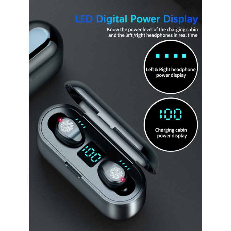 Earphone F9 TWS HIFI Handsfree Earphone Bluetooth 5.0 Wireless Headset Inpods Earbud Sport Touch Display Waterproof Plus Power Bank