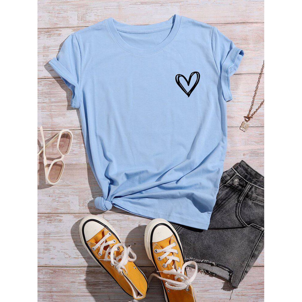 kaos wanita heart print short sleeve tee / love / saranghae / kaos combed murah / tumblr tee