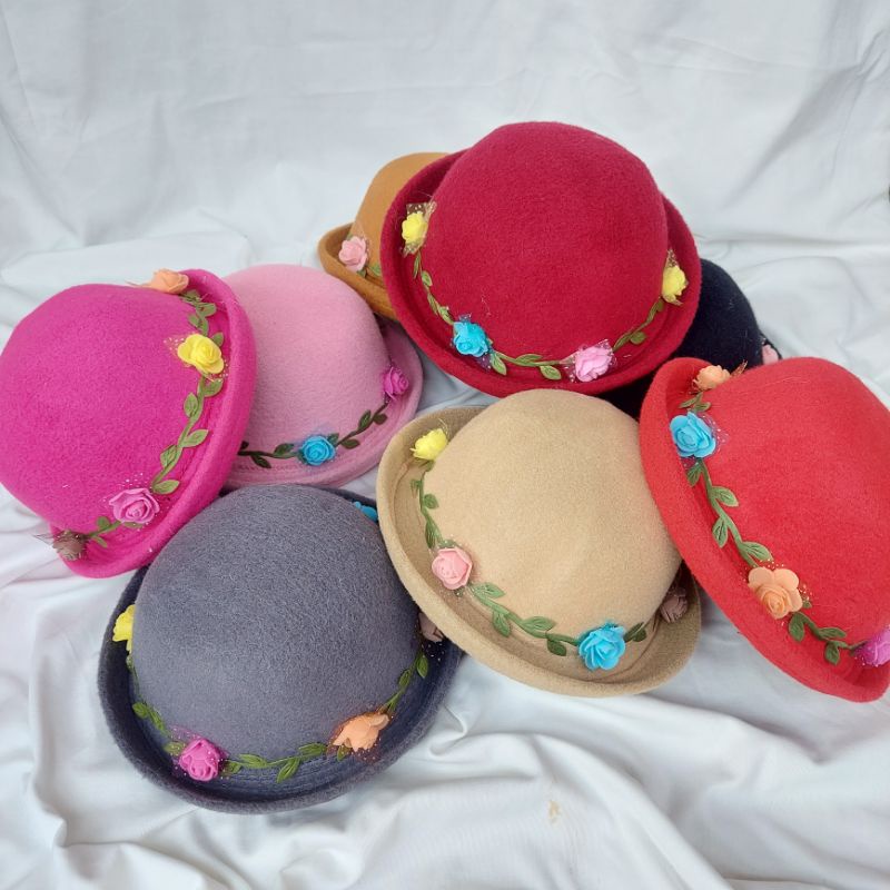 Topi Caplin Mahkota Bunga Anak LCB1 / Topi bunga Anak / Topi bulat bunga / Topi charlie caplin