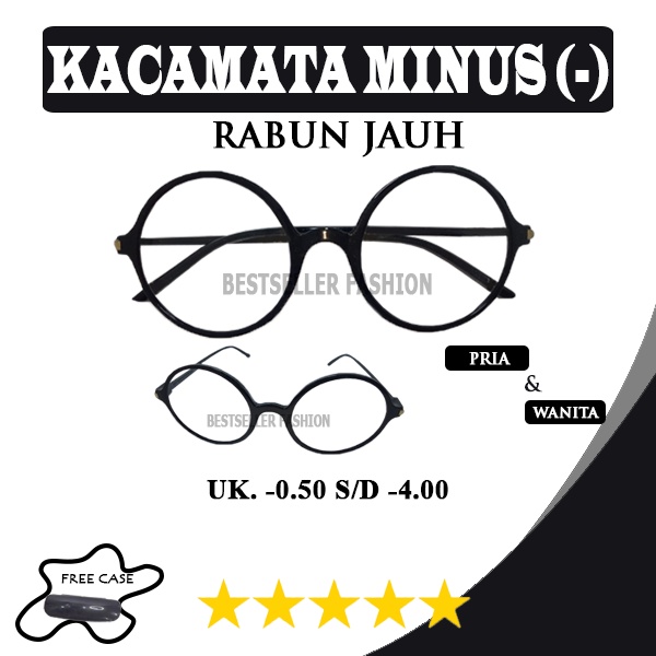 KACAMATA RABUN JAUH (-) PRIA WANITA UKURAN -0.50 S/D -4.00 LENSA MINUS BENTUK BULAT FRAME HITAM FREECASE