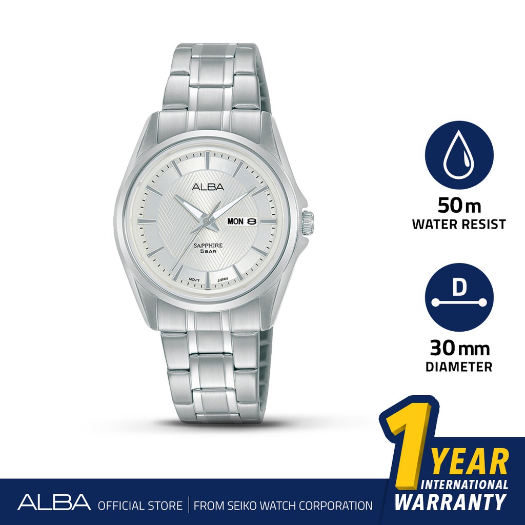 Alba Prestige Jam Tangan Wanita AN8027 / AN8027X1 Sapphire Quartz Silver White Pattern Dial Stainles