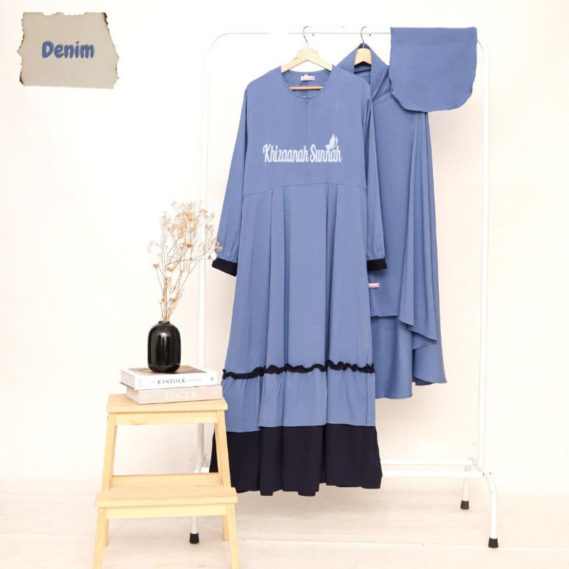 Baju gamis syari perempuan muslimah dewasa Set Erina Denim size L ORI by Khizaanah Sunnah