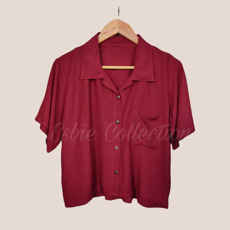 KEMEJA WANITA CROP POLOS-Maroon