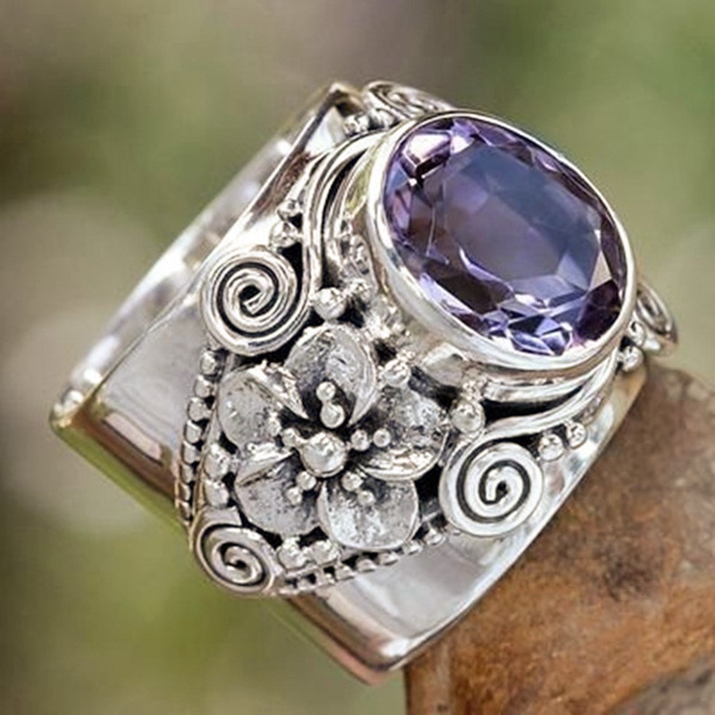 Cincin Natural Amethyst Perak925 Sterling Vintage Ukir