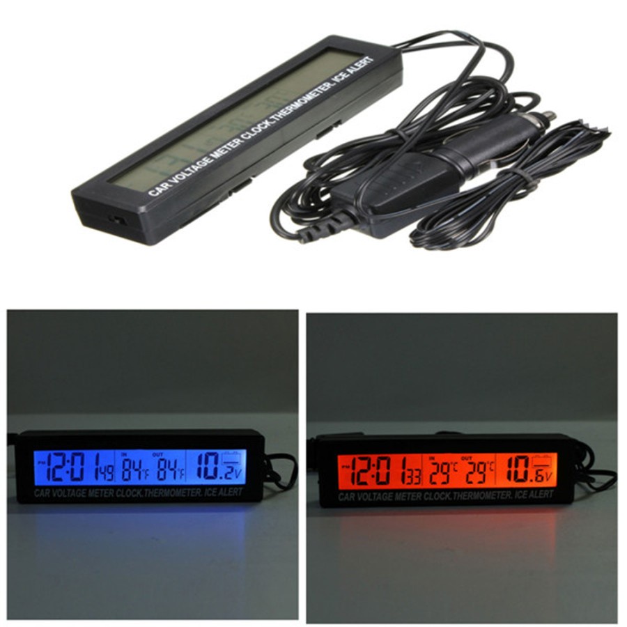 Jam Digital LCD Mobil dengan Thermometer + Battery Voltage Monitor - Black