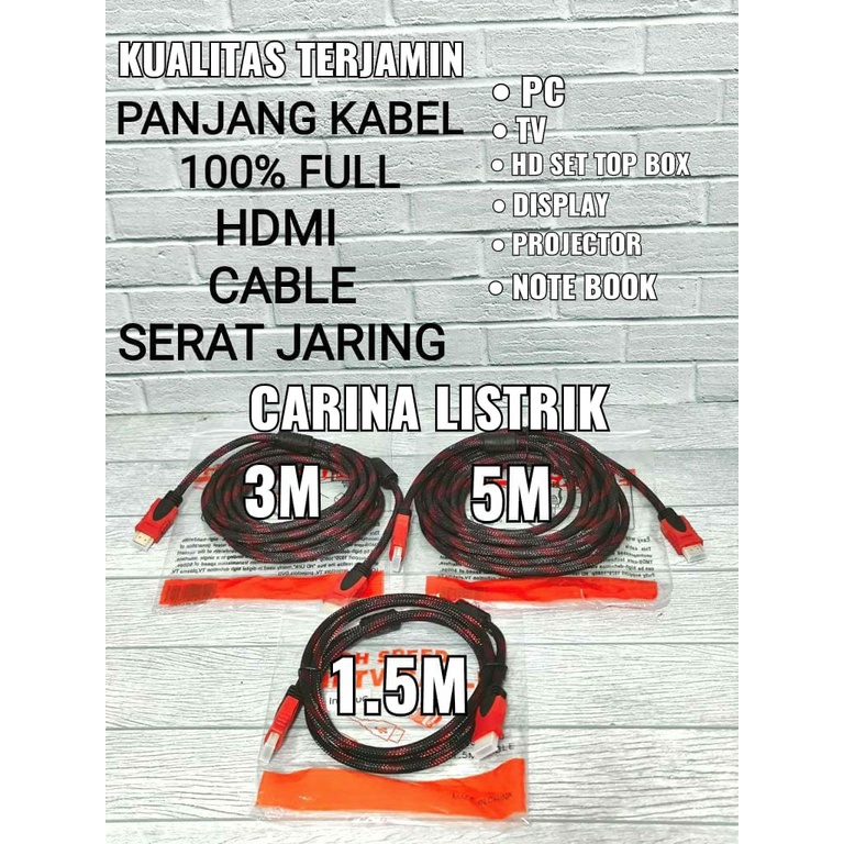 KABEL HDMI FULL 1.5M / 3M / 5M SERAT JARING HDMI TO HDMI 1080P HIGH Q SNI TERJAMIN BAGUS