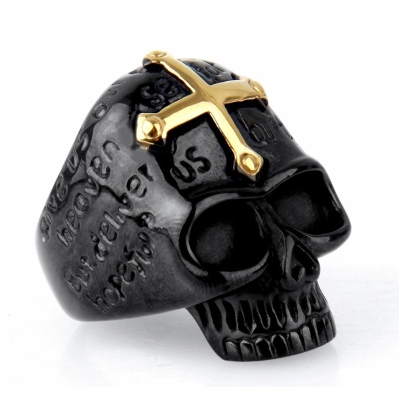 SEUSUK  Cincin Motif Tengkorak Gaya Gothic Punk Warna Hitam / Gold untuk Pria