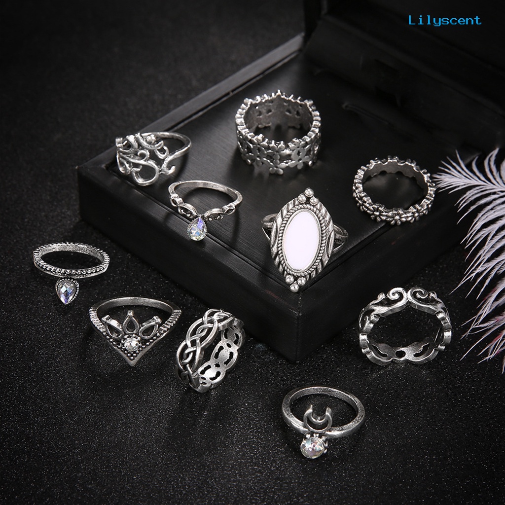 10pcs Cincin Knuckle Desain Bulan Hollow Out Stackable Gaya Bohemian Untuk Wanita