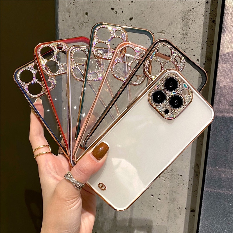 Casing Silikon iPhone 13 12 11 Pro X XS Max Mini XR SE2 7 8 Plus Aksen Glitter Berlian Mewah