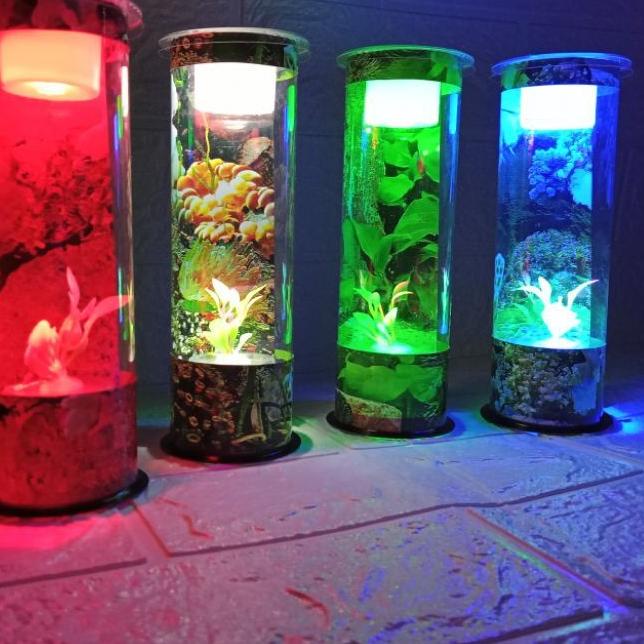 PENJUALAN KEREN Aquarium Akuarium Mini Tabung Bulat Ikan Cupang Guppy Hias Full Hiasan Dan Lampu Led