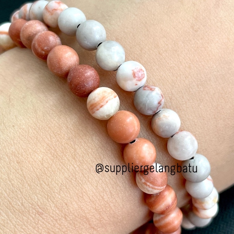 GELANG BATU WHITE BROWN JASPER 6MM VINTAGE PRIA WANITA FOSSIL BATU KAYU ASLI AKIK TERMASUK KOTAK KADO