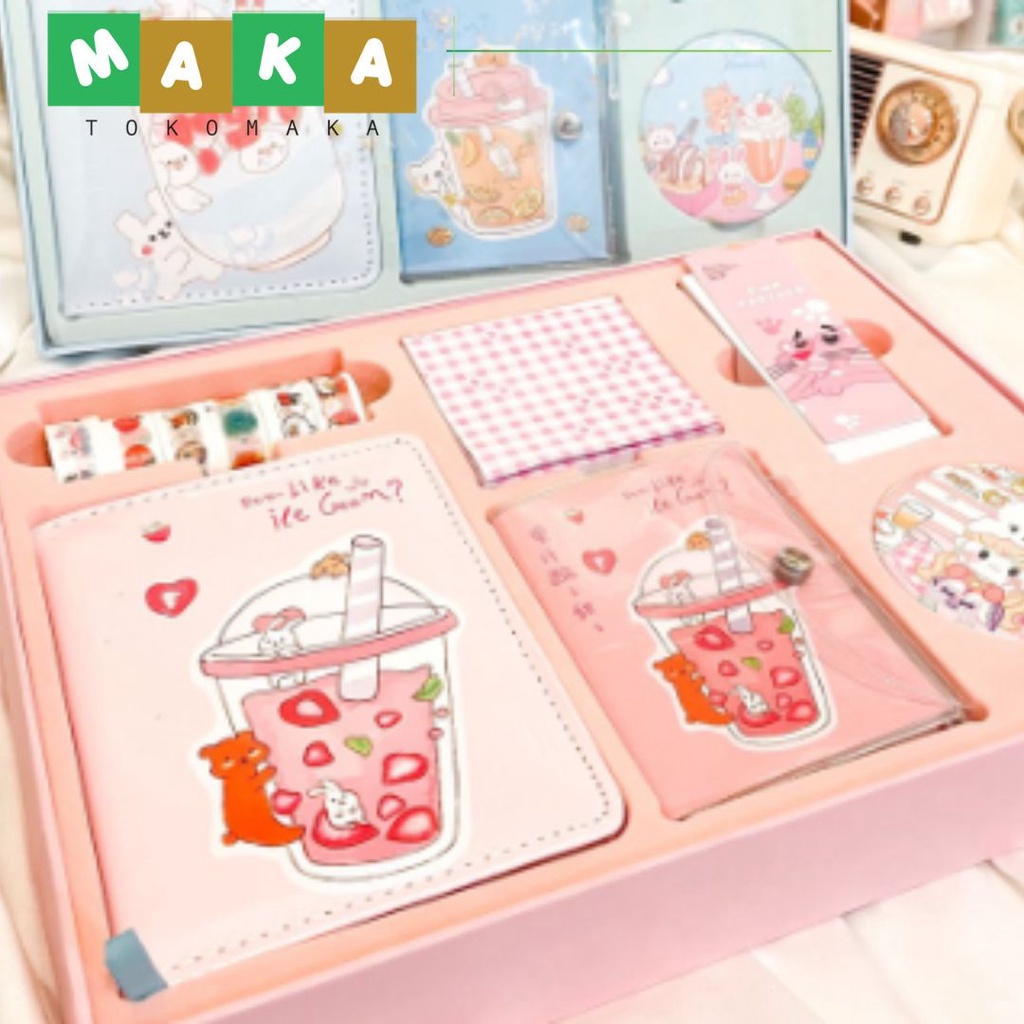 

paket alat tulis jurnal 7 in 1 boba buku pulpen notepad sticky notes sticker solatip paket jounarling perlengkapan sekola alat tulis kantor import