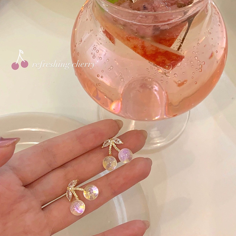 Anting Stud Hias Manik-Manik Kristal Bentuk Cherry Opal Zircon Gaya Korea Untuk Wanita