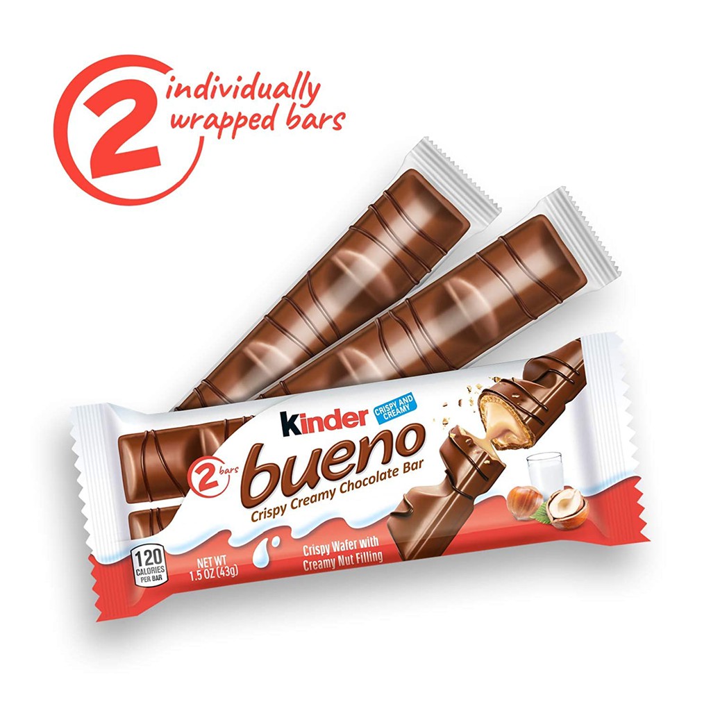 KINDER BUENO - CRISPY CREAMY CHOCOLATE &amp; HAZELNUT BAR (2 BAR/PACK) - 43 GR