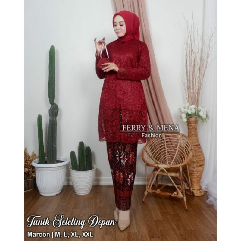 SETELAN TUNIK BROKAT/SETELEN TUNIK SLETING DEPAN/TUNIK MODERN/TUNIK PESTA