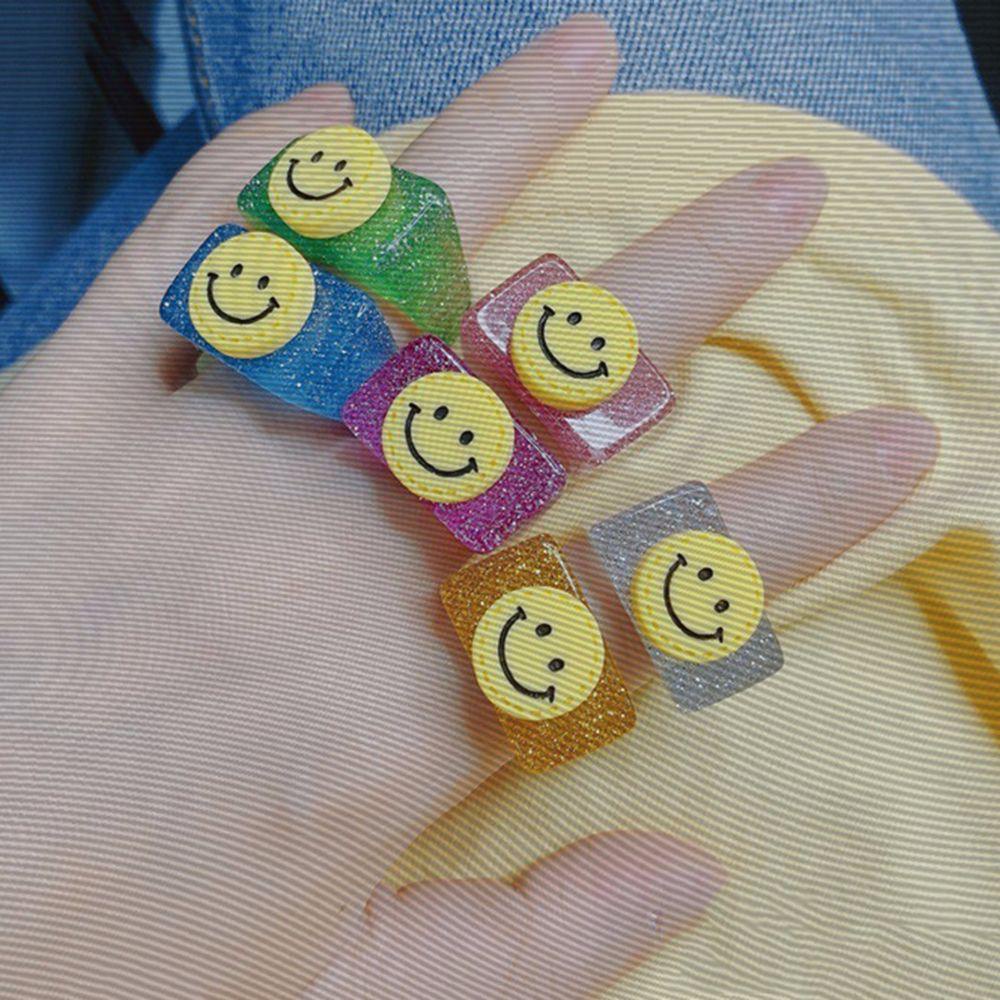 Mxbeauty Cincin Transparan Wanita Gadis Hadiah Glitter Smiley Face Shine Kartun Kristal Aksesoris Fashion