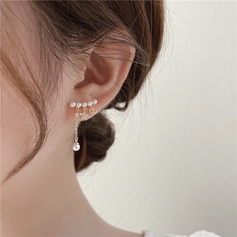 Anting Tusuk Gantung Desain Geometri + Bintang + Tulisan Hias Mutiara + Berlian Imitasi Gaya Korea Untuk Wanita